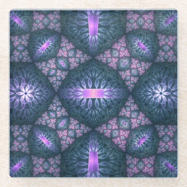 3D Fractal Art Pattern Turquoise Purple Pink Glass Coaster (Front)