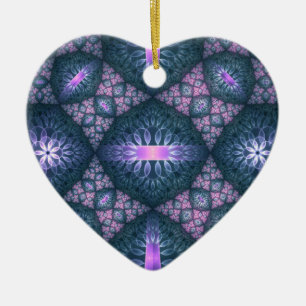 3D Fractal Art Pattern Turquoise Purple Pink Heart Ceramic Ornament