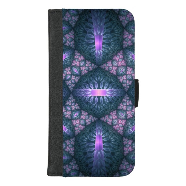 3D Fractal Art Pattern Turquoise Purple Pink iPhone Wallet Case (Front)