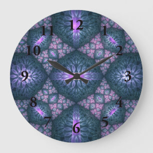 3D Fractal Art Pattern Turquoise Purple Pink Large Clock