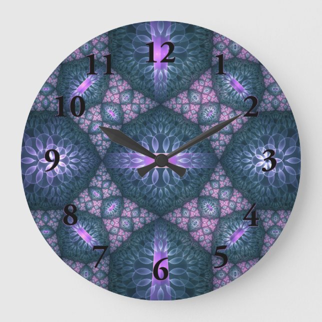 3D Fractal Art Pattern Turquoise Purple Pink Large Clock (Front)