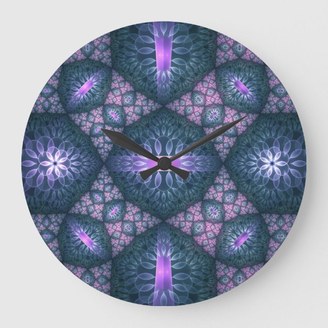 3D Fractal Art Pattern Turquoise Purple Pink Large Clock (Front)