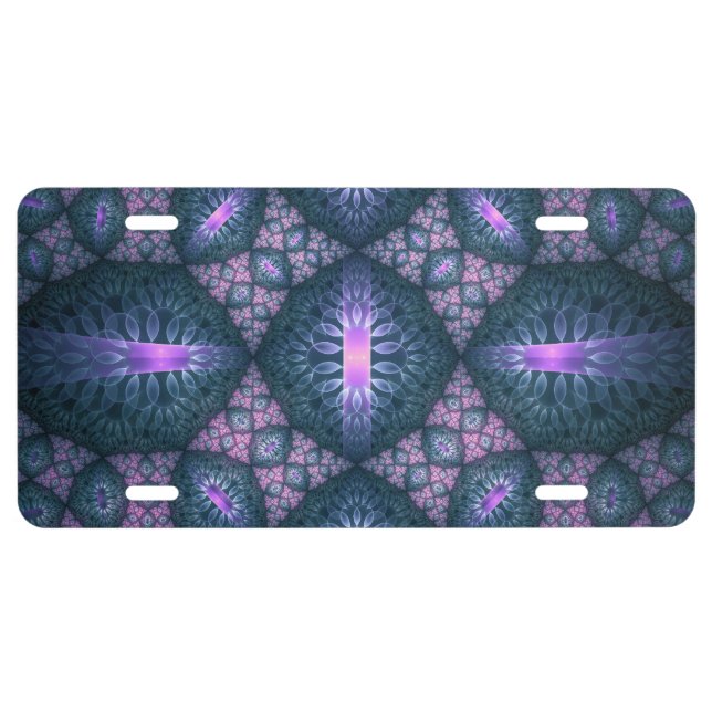 3D Fractal Art Pattern Turquoise Purple Pink License Plate (Front)