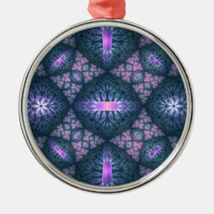 3D Fractal Art Pattern Turquoise Purple Pink Metal Ornament