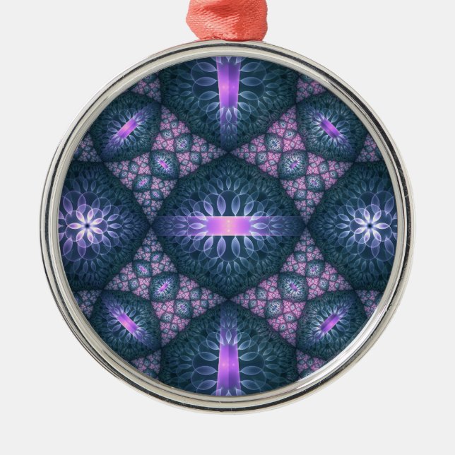 3D Fractal Art Pattern Turquoise Purple Pink Metal Ornament (Front)