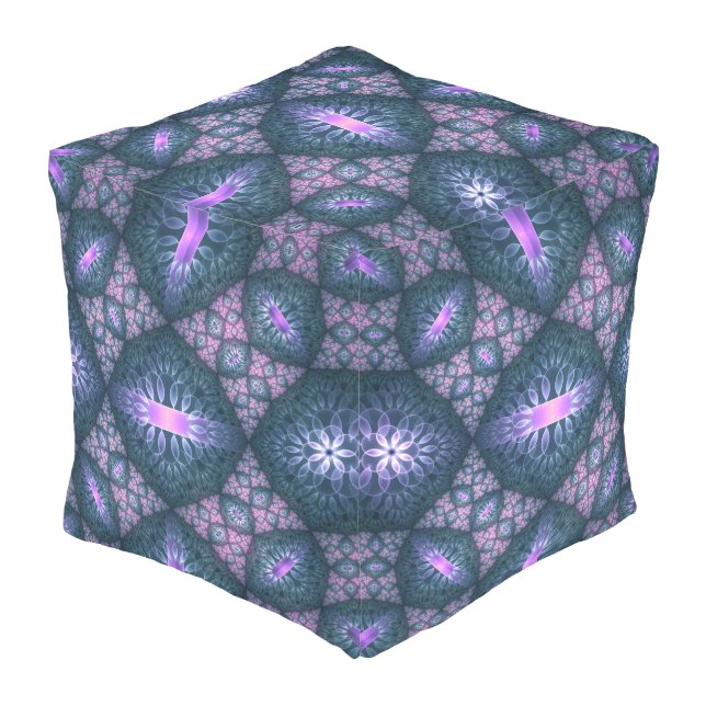 3D Fractal Art Pattern Turquoise Purple Pink Outdoor Pouf (Angled Front)