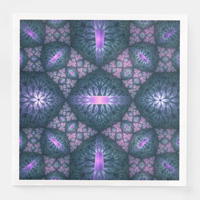 3D Fractal Art Pattern Turquoise Purple Pink Paper Dinner Napkins (Front)