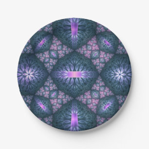 3D Fractal Art Pattern Turquoise Purple Pink Paper Plates