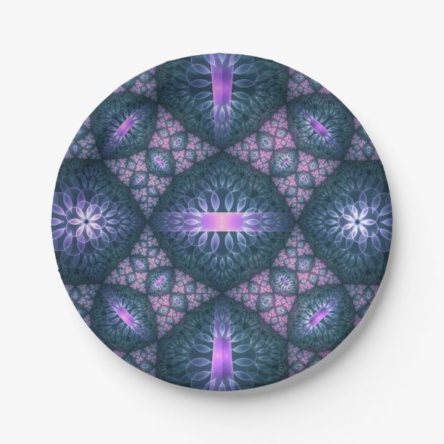 3D Fractal Art Pattern Turquoise Purple Pink Paper Plates (Front)