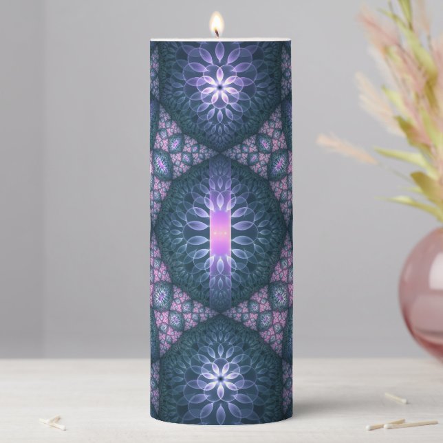 3D Fractal Art Pattern Turquoise Purple Pink Pillar Candle (In Situ)