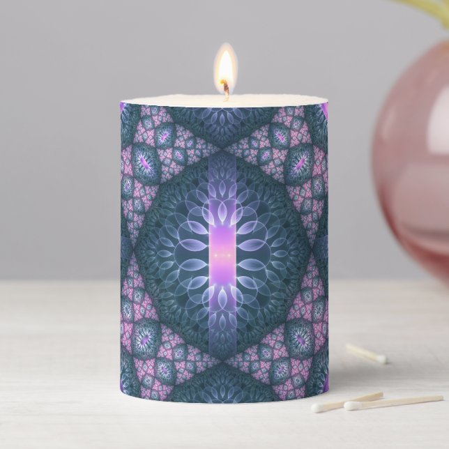 3D Fractal Art Pattern Turquoise Purple Pink Pillar Candle (In Situ)
