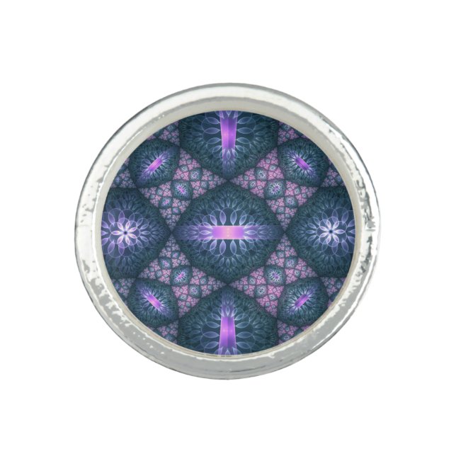 3D Fractal Art Pattern Turquoise Purple Pink Ring (Front)