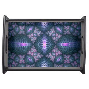 3D Fractal Art Pattern Turquoise Purple Pink Serving Tray