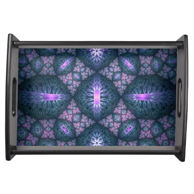 3D Fractal Art Pattern Turquoise Purple Pink Serving Tray (Front)