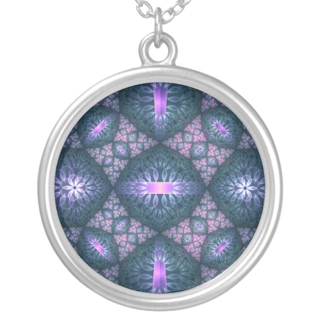 3D Fractal Art Pattern Turquoise Purple Pink Silver Plated Necklace (Front)
