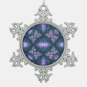 3D Fractal Art Pattern Turquoise Purple Pink Snowflake Pewter Christmas Ornament
