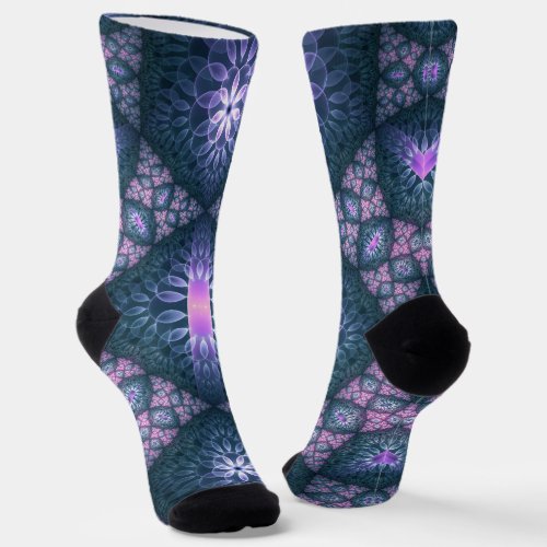 3D Fractal Art Pattern Turquoise Purple Pink Socks