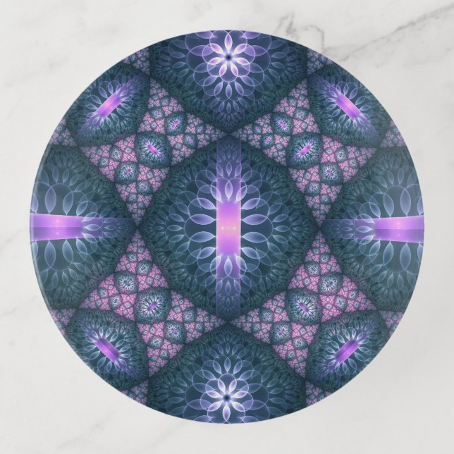 3D Fractal Art Pattern Turquoise Purple Pink Trinket Tray (Front)