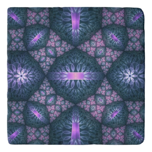 3D Fractal Art Pattern Turquoise Purple Pink Trivet (Front)