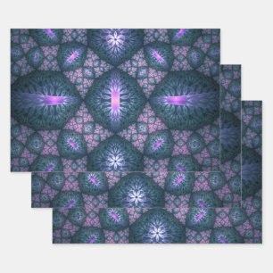 3D Fractal Art Pattern Turquoise Purple Pink Wrapping Paper Sheets