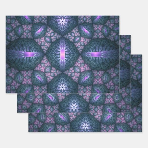 3D Fractal Art Pattern Turquoise Purple Pink Wrapping Paper Sheets