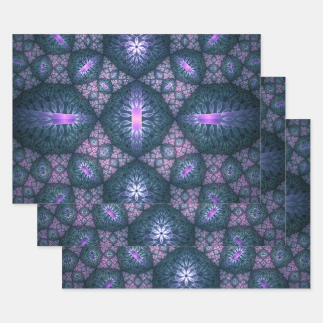 3D Fractal Art Pattern Turquoise Purple Pink Wrapping Paper Sheets (Set)