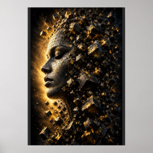 3D Fragmented Face Cubes Black Poster