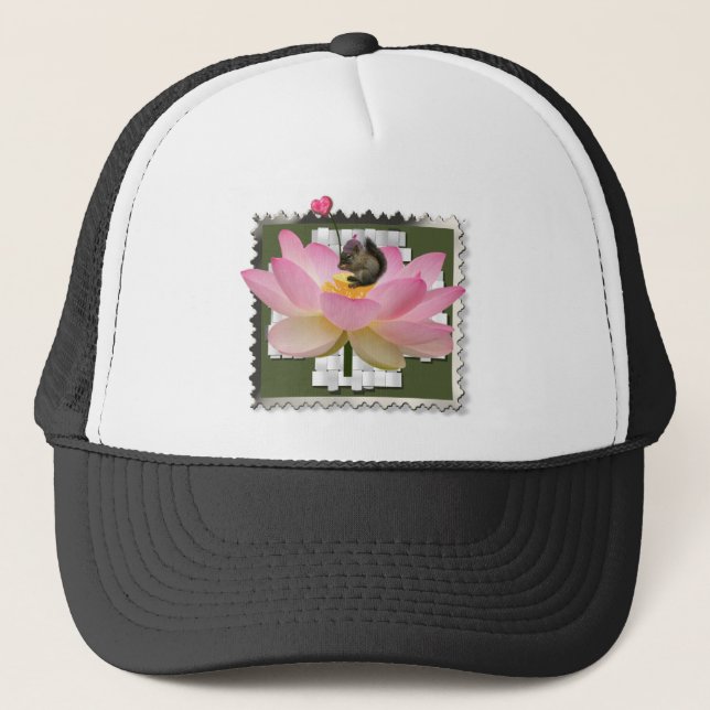 3D Framed Adorable Baby Squirrel On Flower Trucker Hat (Front)