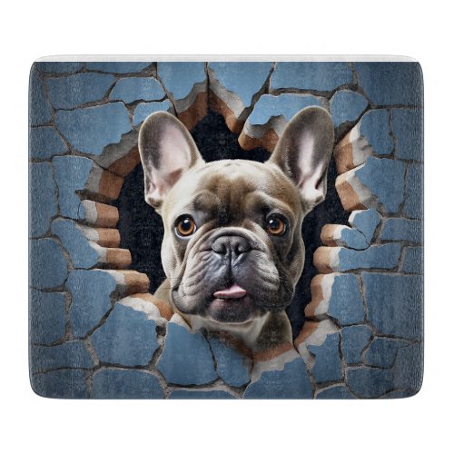 3D French Bulldog Cracked Hole Blue Wall Cutting Board