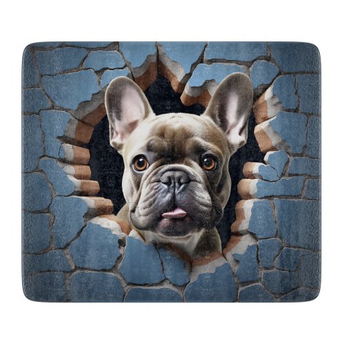 3D French Bulldog Cracked Hole Blue Wall Cutting Board