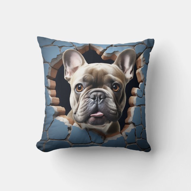 3D French Bulldog Cracked Hole Blue Wall Throw Pillow (Front)