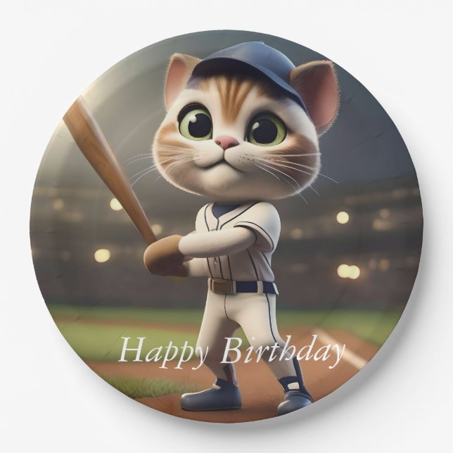 3D Funny Baseball Cat, Paper Plates (Front)