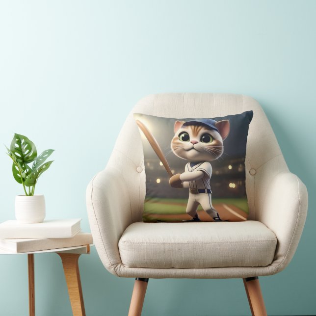 3D Funny Baseball Cat, Throw Pillow (Chair)