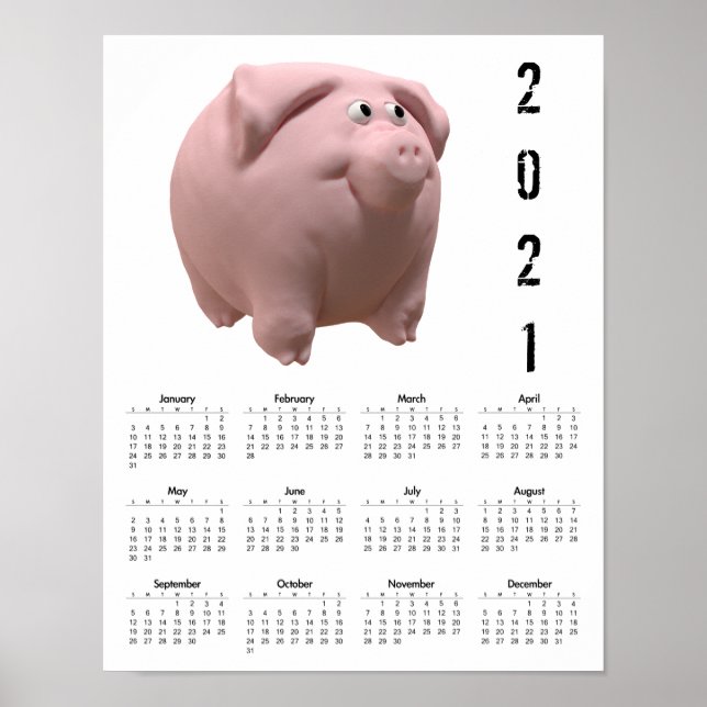 3D Funny Pig 2 White Calendar Poster 2021 (Front)