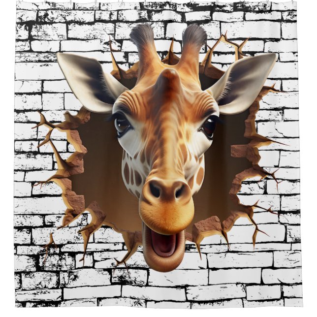 3D Giraffe Wall Break Art – Realistic Safari Shower Curtain (Front)