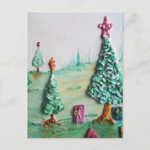 3D GLITTER LK of Christmas Trees and Gifts Holiday Postcard
