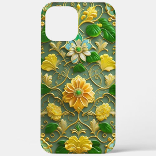 3D Gold and Green Floral iPhone 12 Pro Max Case