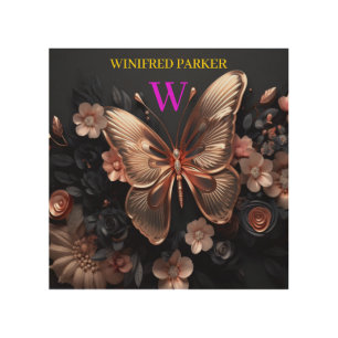 3D Gold Butterflies Elegant Purple Custom Monogram Wood Wall Art