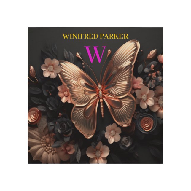 3D Gold Butterflies Elegant Purple Custom Monogram Wood Wall Art (Front)