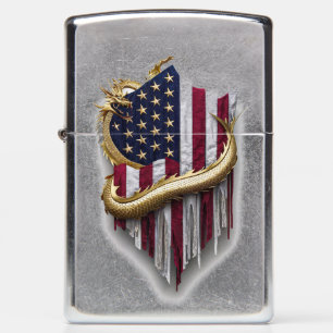 3D Gold Dragon Emblem with American Flag Zippo Lighter