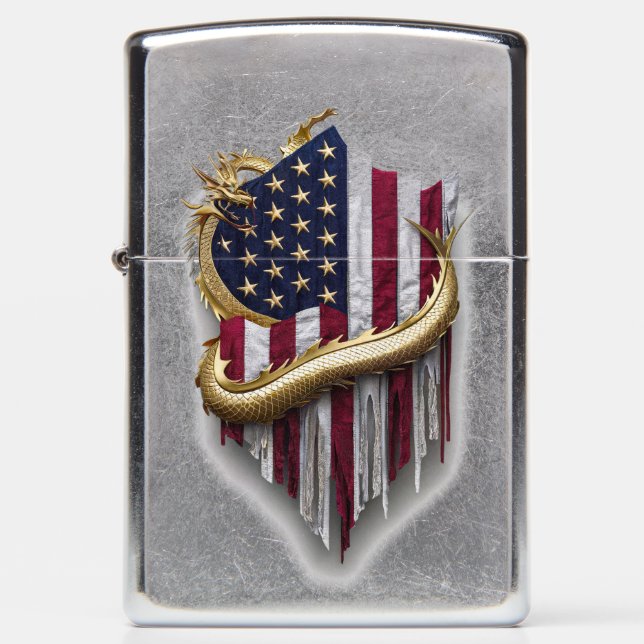 3D Gold Dragon Emblem with American Flag Zippo Lighter (Front)