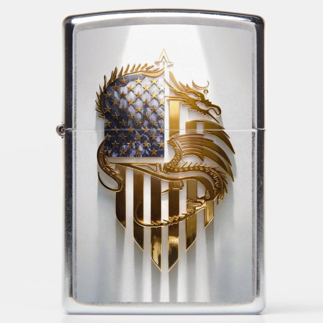 3D Gold Dragon Emblem with American Flag Zippo Lighter (Front)