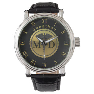3D Gold Emblem Caduceus Medical Doctor MD Name Watch