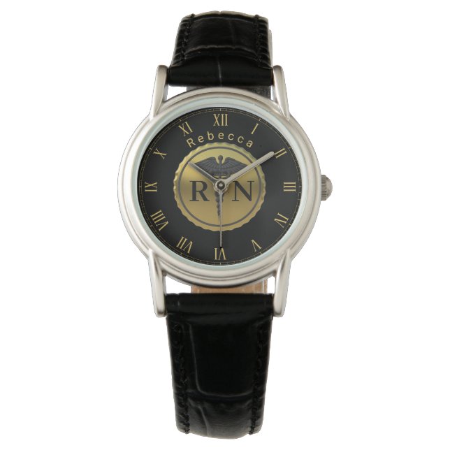 3D Gold Emblem Caduceus Registered Nurse RN Name Watch (Front)