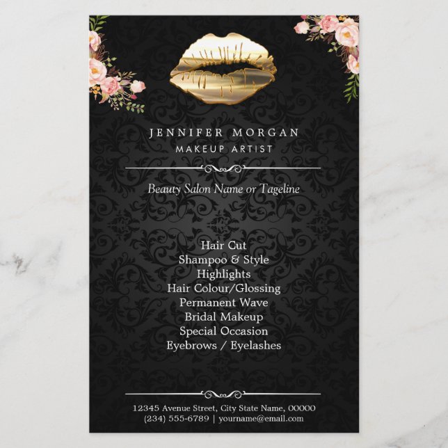 3D Gold Lips Floral Makeup Artist Beauty Salon Flyer (Front)