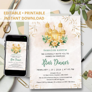 3D Gold Mosque and Floral Ramadan Iftar Dinner Invitation