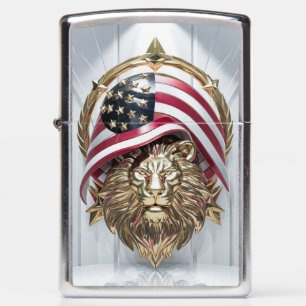 3D Golden Lion Face with American Flag Zippo Lighter