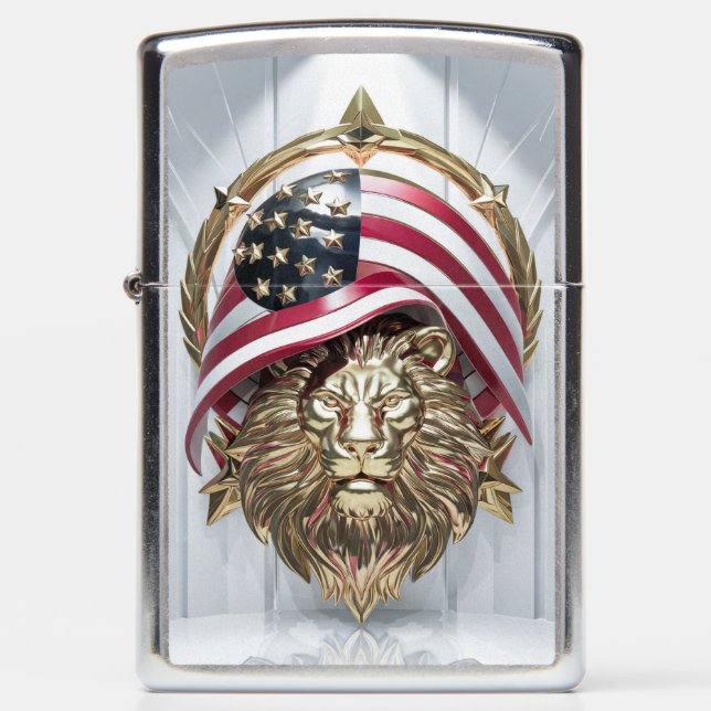 3D Golden Lion Face with American Flag Zippo Lighter (Front)