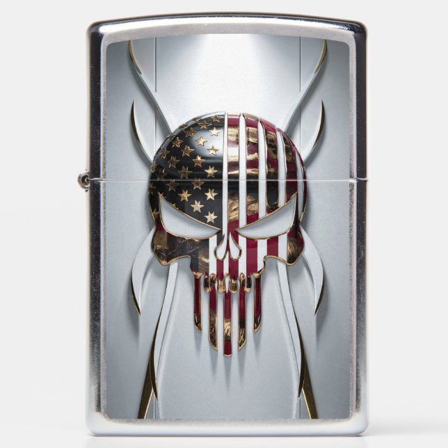 3D Golden Skull Emblem with American Flag Pattern Zippo Lighter (Front)