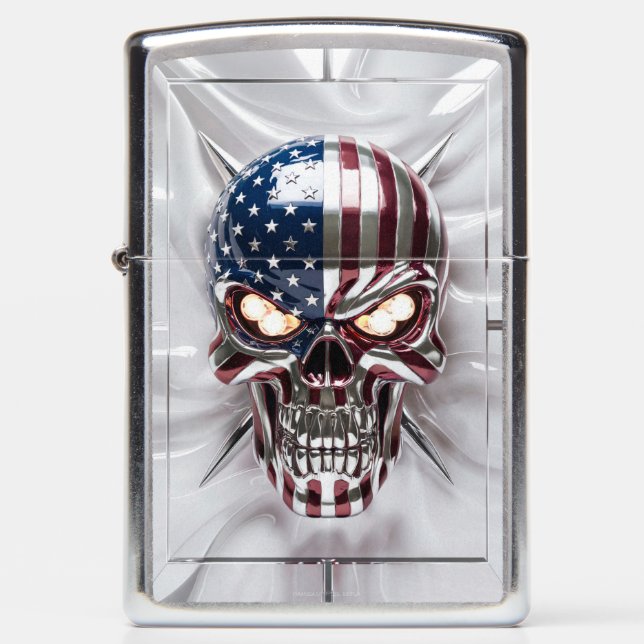 3D Golden Skull Emblem with American Flag Pattern Zippo Lighter (Front)